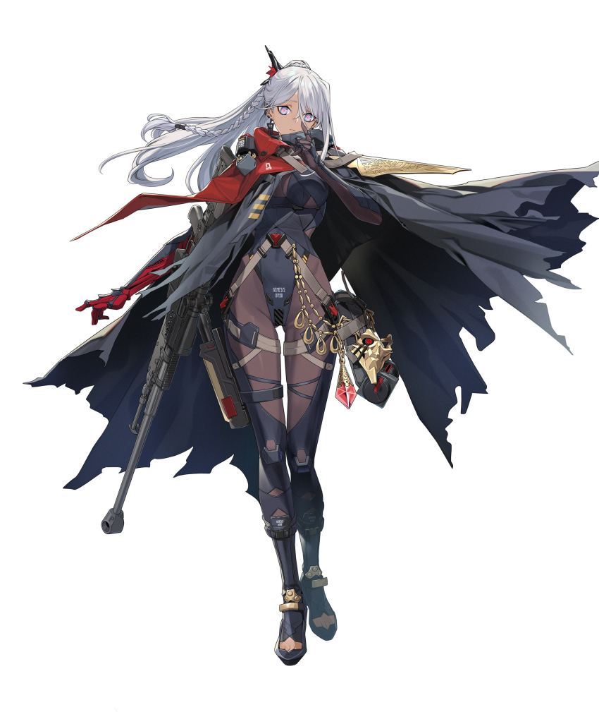 1girl, anti-materiel_rifle, black_thighhighs, bodysuit, bolt-action_rifle, bolt_action, braid, breasts, cloak, cropped, earrings, eyebrows_hidden_by_hair, french_braid, full_body, girls'_frontline, girls'_frontline_2:_exilium, gluteal_fold, gun, head_tilt, highleg, highleg_leotard, highres, index_finger_raised, jewelry, large_breasts, leotard, long_hair, mask, multiple_earrings, nemesis_(girls'_frontline_2), official_art, ponytail, purple_eyes, rifle, side_braid, sig_san_511, silver_hair, simple_background, single_sidelock, sniper_rifle, solo, tachi-e, thighhighs, weapon, white_background, yitiao_er-hua