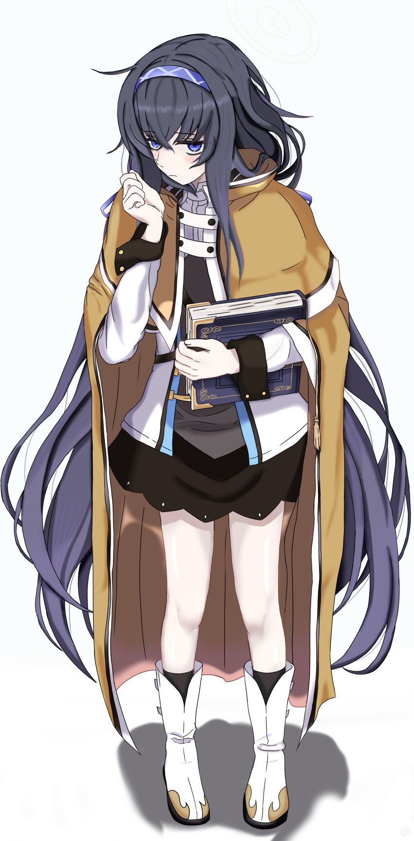 1girl, absurdly_long_hair, absurdres, bags_under_eyes, black_hair, black_skirt, black_socks, blue_archive