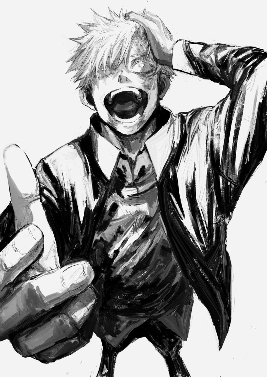 1boy, :d, arm_up, collared_shirt, crazy_eyes, crazy_smile, full_body, gojo_satoru, greyscale, hand_up, highres, jacket, jujutsu_kaisen, kuwoniagyu11112, looking_away, male_focus, monochrome, open_mouth, pants, shirt, short_hair, simple_background, smile, solo, teeth