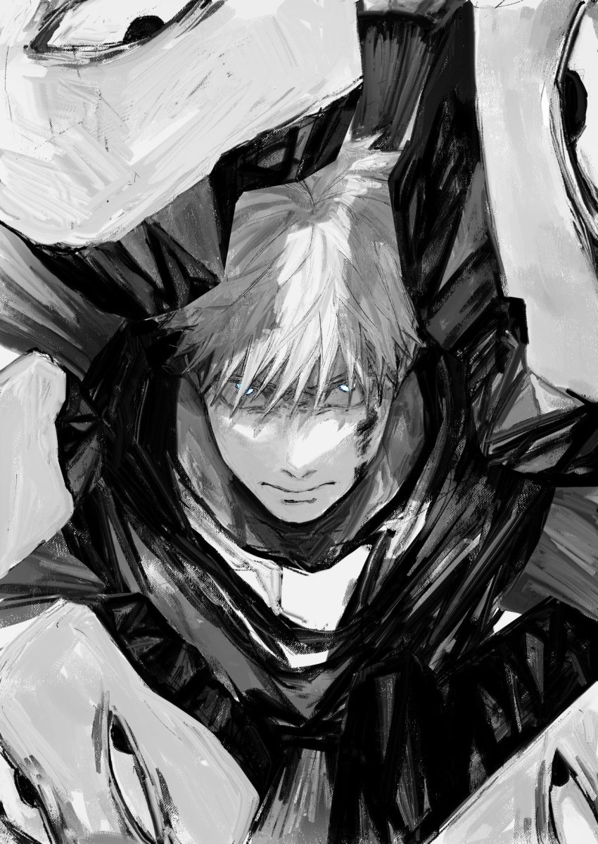 1boy, blood, blood_on_face, blue_eyes, closed_mouth, frown, gojo_satoru, greyscale