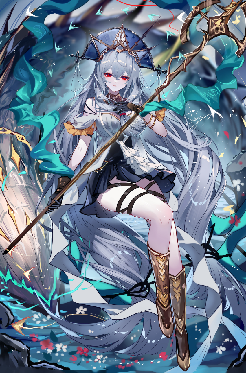 1girl, absurdres, arknights, armored_boots, bare_shoulders, black_dress, black_gloves, boots