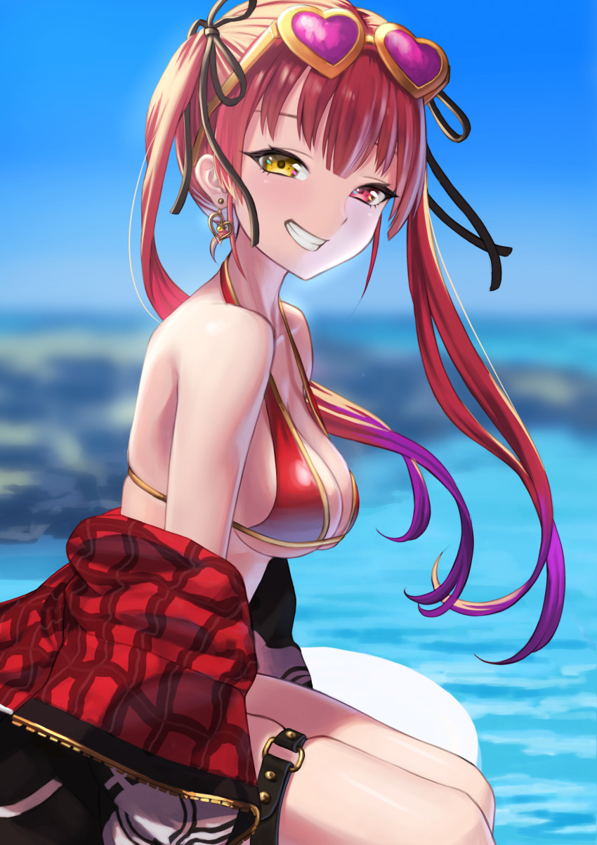 1girl, absurdres, bare_shoulders, bikini, black_jacket, blurry, blurry_background, breasts