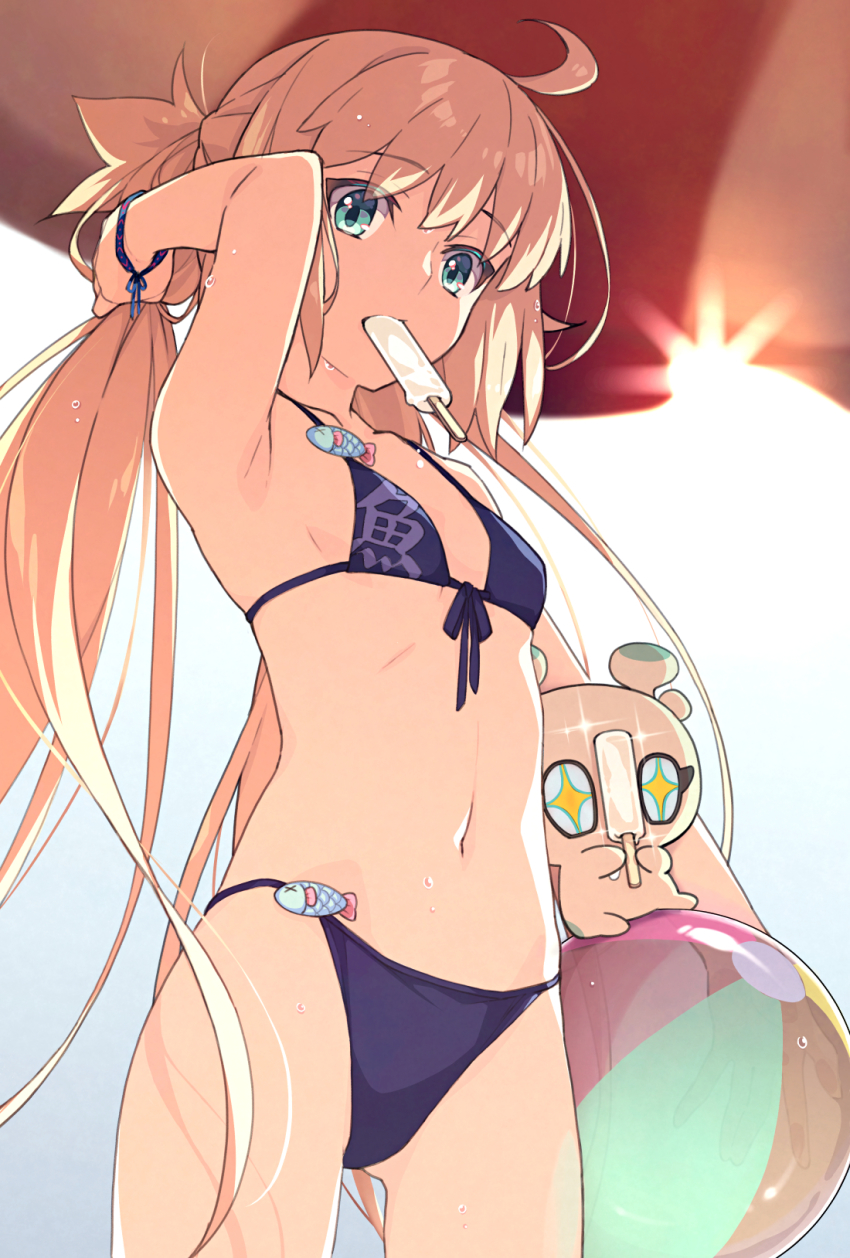1girl, ahoge, aqua_eyes, artoria_caster_(fate), artoria_pendragon_(fate), ball, beachball, bikini, blonde_hair, breasts, con_(fate), cowboy_shot, fate/grand_order, fate_(series), food, food_in_mouth, gluteal_fold, highres, holding, holding_food, ice_cream, inflatable_toy, long_hair, looking_at_viewer, melting, popsicle, saipaco, small_breasts, solo, swimsuit