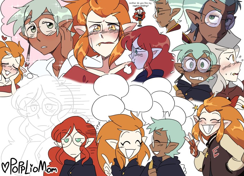 +++, 1other, 2girls, puff_of_air, ^_^, absurdres, artist_name, blank_speech_bubble, blush, closed_eyes, collarbone, commentary, crying, crying_with_eyes_open, curly_hair, disappointed, earrings, edalyn_clawthorne, empty_eyes, english_commentary, english_text, fang, fang_out, fingerless_gloves, flying_sweatdrops, glasses, gloves, green_eyes, green_hair, grey_hair, heart, highres, imagining, jacket, jewelry, letterman_jacket, lilith_clawthorne, long_hair, multiple_girls, multiple_views, orange_eyes, orange_hair, parted_lips, poppliomom, pout, raine_whispers, red_hair, red_shirt, shirt, short_hair, sideways_glance, single_earring, smile, sparkle, speech_bubble, star_(symbol), sweat, tears, the_owl_house, thick_eyebrows, thought_bubble, v, white_background, white_shirt, yellow_eyes, aged_down