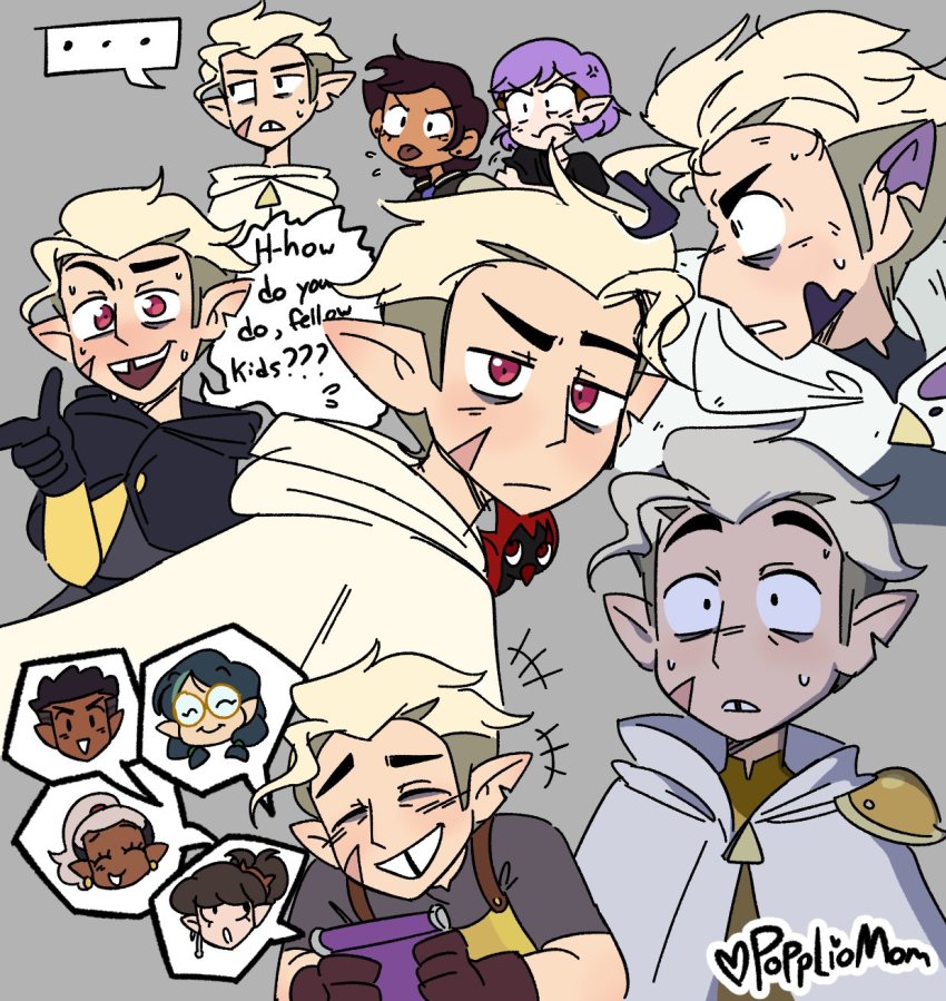 +++, ..., 2boys, 5girls, amity_blight, anger_vein, animal, animal_on_shoulder, armor, artist_name, bags_under_eyes, bird, black_gloves, black_shirt, blonde_hair, blue_hair, blush, brown_gloves, brown_hair, cloak, clone, closed_eyes, closed_mouth, commentary, dark_skin, earrings, english_commentary, english_text, facial_scar, flapjack_(the_owl_house), furrowed_brow, glasses, gloves, grey_background, grimwalker, gus_porter, highres, hood, hood_down, hooded_cloak, hunter_(the_owl_house), jewelry, looking_at_viewer, luz_noceda, magenta_eyes, meme, military, military_uniform, missing_tooth, multicolored_hair, multiple_boys, multiple_girls, multiple_views, open_mouth, palisman, pauldrons, pointy_ears, poppliomom, purple_hair, red_eyes, scar, scar_on_cheek, scar_on_face, school_uniform, serious, shirt, short_hair, short_sleeves, shoulder_armor, sideways_glance, signature, single_pauldron, skara_(the_owl_house), smile, solo_focus, speech_bubble, spoken_character, spoken_sweatdrop, surprised, sweat, sweatdrop, the_owl_house, thick_eyebrows, tongue, tongue_out, tooth_gap, two-tone_hair, very_short_hair, viney_(the_owl_house), wide-eyed, willow_park