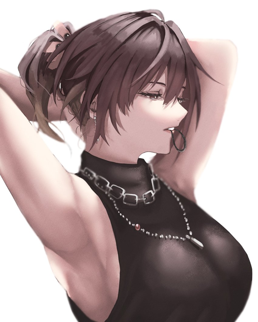 1girl, absurdres, aketa_mikoto, armpits, arms_behind_head, arms_up, black_shirt, breasts, brown_hair, chain, chain_necklace, earrings, highres, idolmaster, idolmaster_shiny_colors, jewelry, kaiyuugyo_(furafura_sunna), large_breasts, looking_down, mouth_hold, nail_polish, nape, necklace, ponytail, rubber_band, shirt, simple_background, sleeveless, sleeveless_shirt, solo, tying_hair, upper_body, white_background
