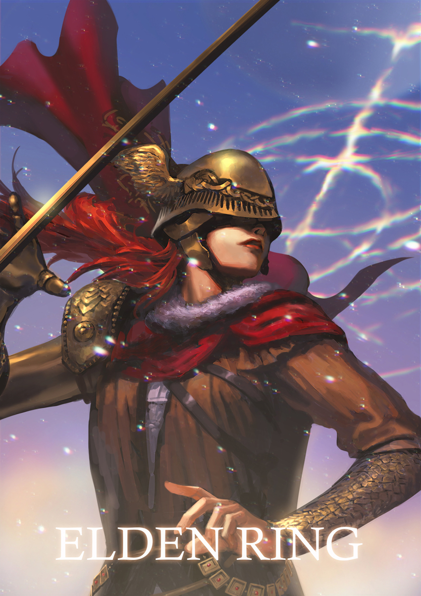 1girl, armor, blade, cape, chuno_(akiaji81), closed_mouth, covered_eyes, dress, elden_ring, helmet, highres, holding, holding_sword, holding_weapon, katana, long_hair, malenia_blade_of_miquella, mechanical_arms, prosthesis, prosthetic_arm, red_cape, red_hair, runes, single_mechanical_arm, sky, solo, sword, very_long_hair, weapon, winged_helmet