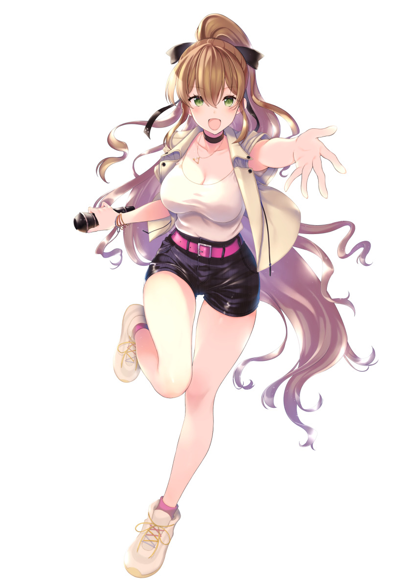 1girl, :d, belt, black_choker, black_shorts, breasts, brown_hair, choker, cleavage, collarbone, commentary_request, green_eyes, hair_between_eyes, hair_ribbon, highres, holding, holding_microphone, jacket, jewelry, large_breasts, long_hair, masaoka_misaki, matsunaga_iori, microphone, necklace, open_mouth, outstretched_arm, pink_socks, ribbon, riot_music, shirt, shoes, short_sleeves, shorts, simple_background, smile, sneakers, socks, solo, standing, standing_on_one_leg, thighs, very_long_hair, virtual_youtuber, white_background, white_jacket, white_shirt, white_shoes