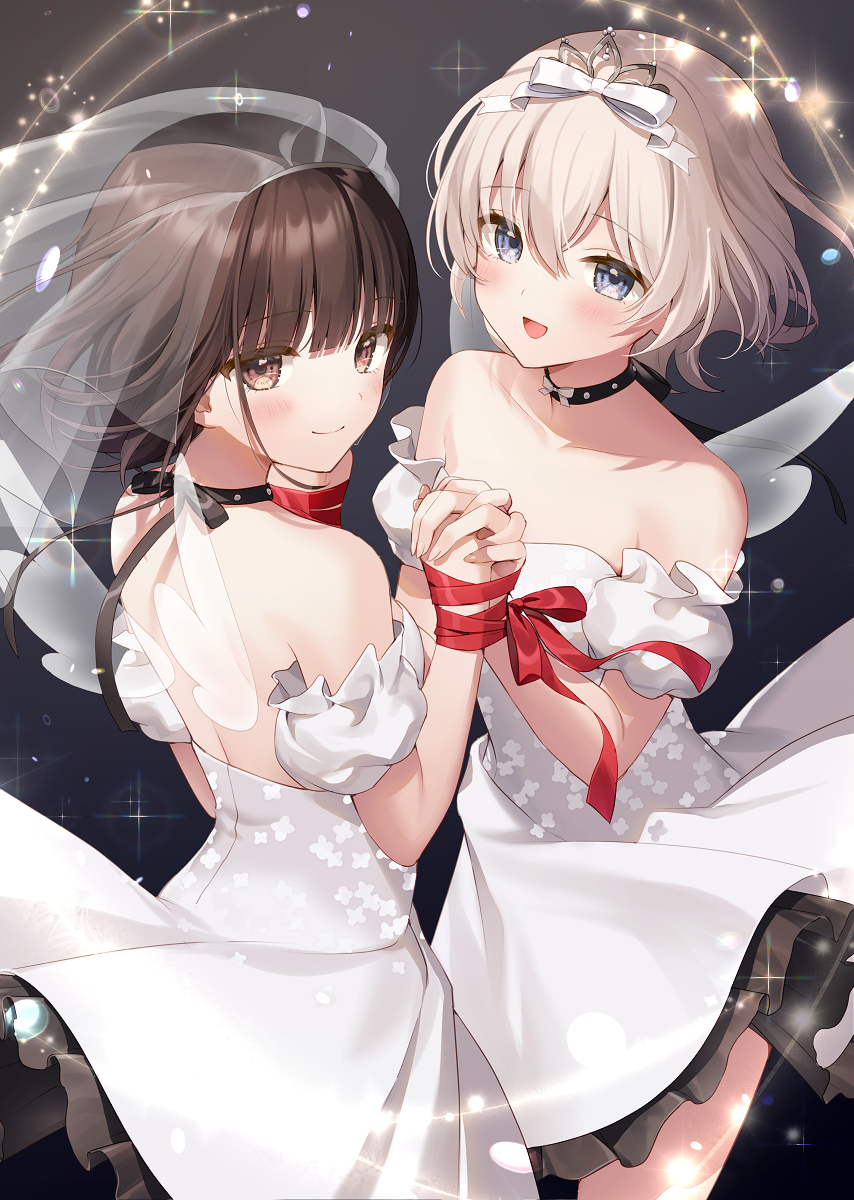 2girls, bare_shoulders, black_hair, blush, bridal_veil, brown_background, closed_mouth, dress