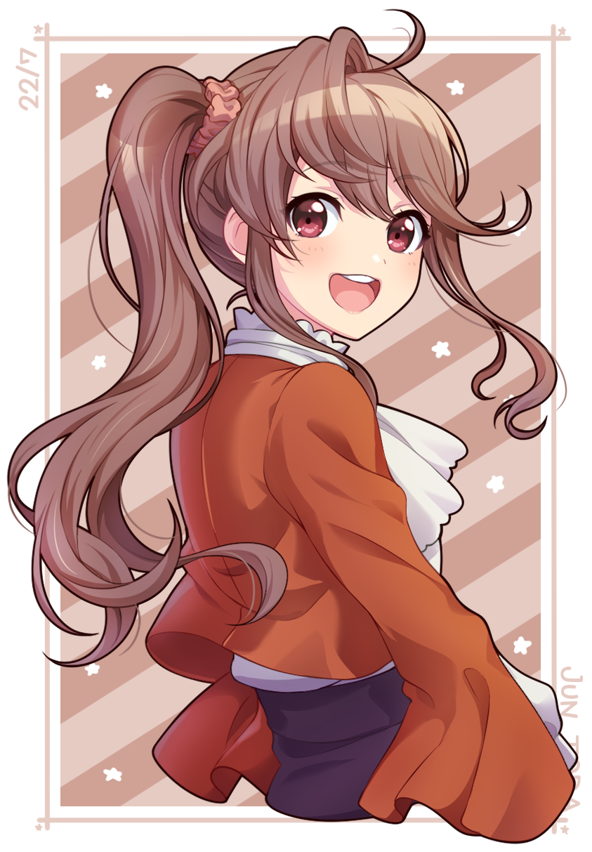 1girl, 22/7, ayakura_azuma, brown_eyes, brown_hair, hair_ornament, highres, jacket