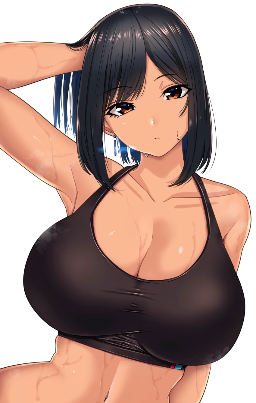 1girl, absurdres, armpits, black_hair, black_tank_top, bouhatei_(t-back), breasts, brown_eyes