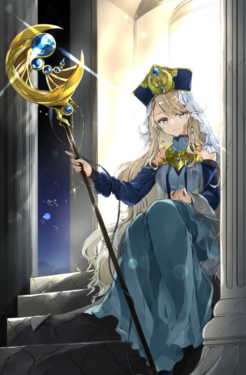 1girl, blonde_hair, blue_dress, blue_gem, blue_hat, breasts, column, crack, cracked_floor, crescent, crescent_earrings, crescent_wand, detached_sleeves, dress, earrings, fujishiro_kazuha, full_body, gate, gem, glint, glowing, grey_eyes, hat, high_collar, highres, holding, holding_scroll, holding_staff, index_finger_raised, jewelry, lens_flare, long_hair, medium_breasts, mitre, mixed-language_commentary, night, original, pillar, priestess, scroll, sitting, sky, sleeveless, sleeveless_dress, smile, solo, staff, swept_bangs, tarot, the_high_priestess_(tarot), veil, wavy_hair