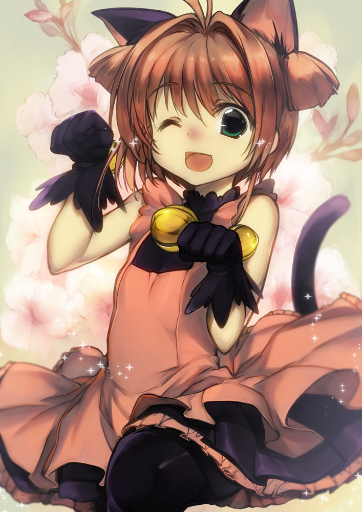 1girl, animal_ears, belt_collar, black_gloves, black_pantyhose, cardcaptor_sakura, cat_ears, cat_tail