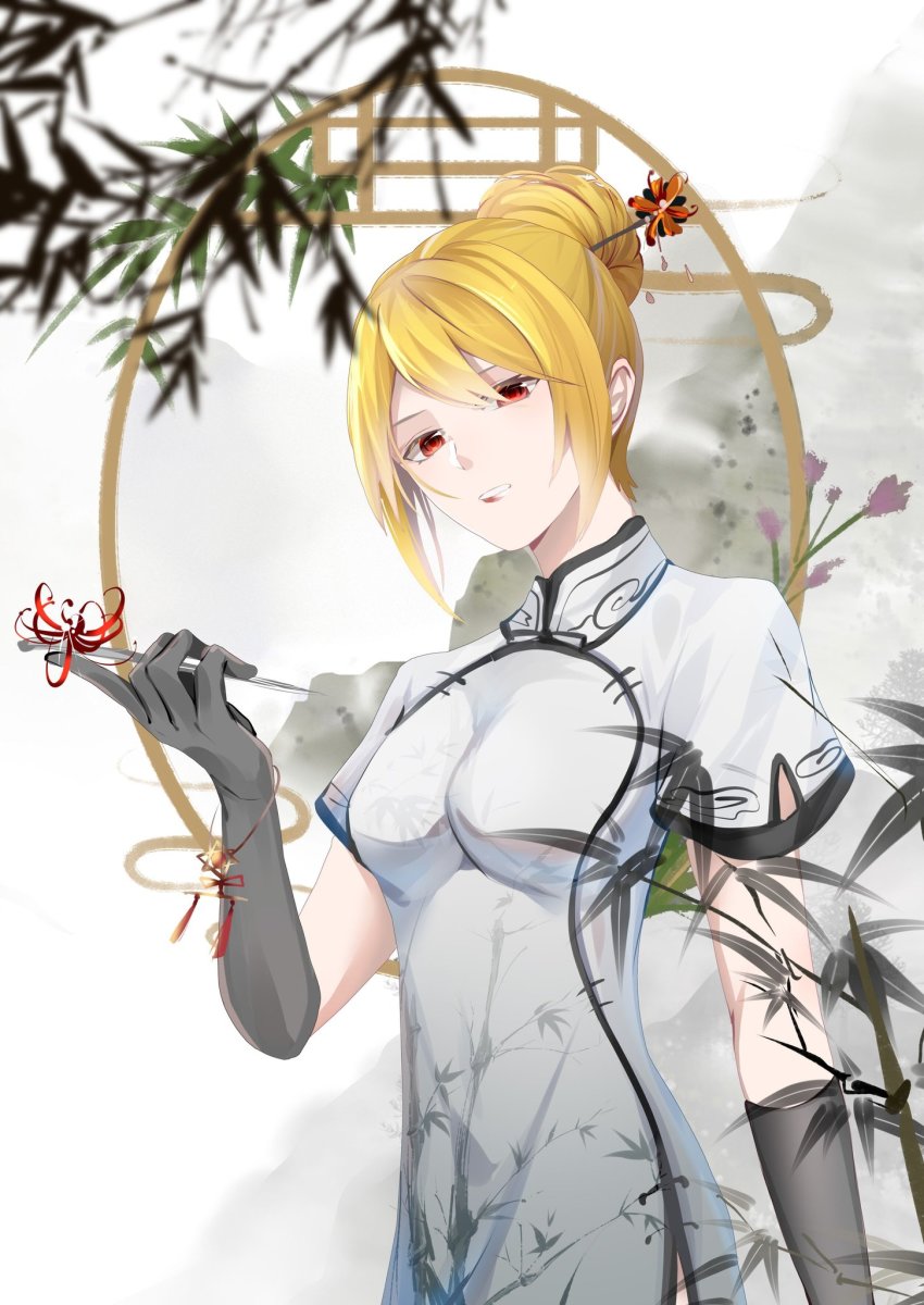 1girl, angelica_rapha_redgrave, black_gloves, blonde_hair, breasts, china_dress, chinese_clothes, diao_mao_de_yu_shushu