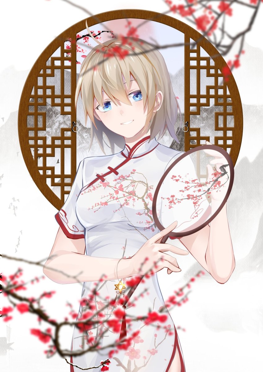 1girl, blonde_hair, blurry, blurry_foreground, branch, breasts, china_dress, chinese_clothes