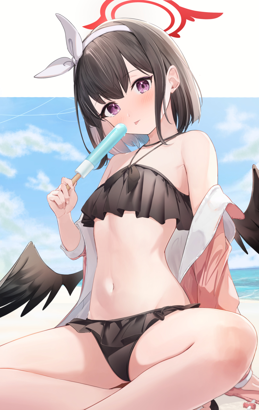1girl, :p, bare_shoulders, bikini, black_bikini, black_wings, blue_archive, blue_sky, blush, brown_hair, closed_mouth, collarbone, day, feet_out_of_frame, flip-flops, food, hair_ribbon, hairband, halo, highres, holding, holding_food, jacket, long_sleeves, looking_at_viewer, mashiro_(blue_archive), mashiro_(swimsuit)_(blue_archive), navel, nokke_o, off_shoulder, on_ground, open_clothes, open_jacket, outdoors, outside_border, pink_jacket, popsicle, purple_eyes, ribbon, sandals, short_hair, sitting, sky, solo, spread_legs, stomach, swimsuit, tongue, tongue_out, white_hairband, white_ribbon, winged_halo, wings