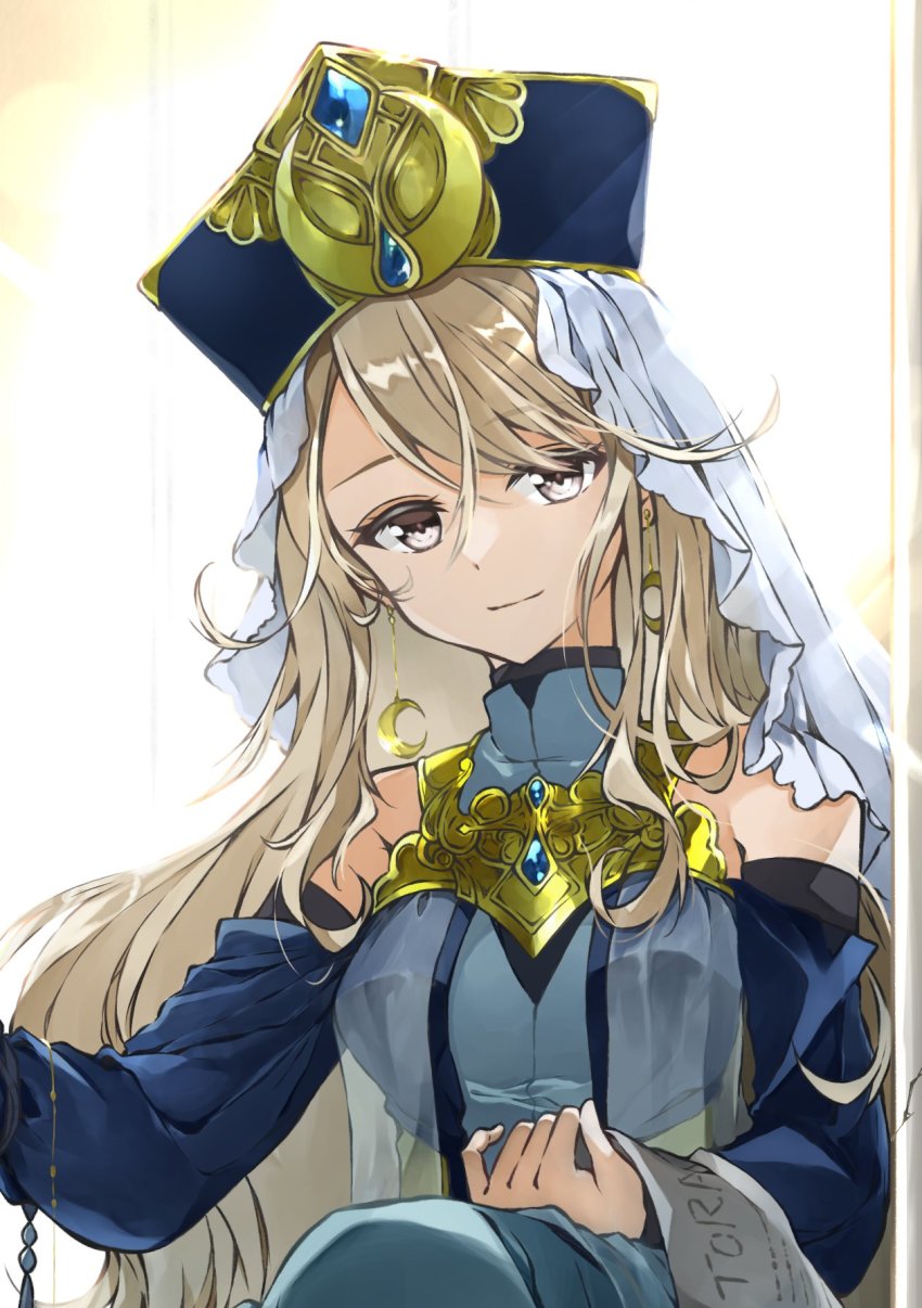 1girl, blonde_hair, blue_dress, blue_gem, blue_hat, breasts, crescent, crescent_earrings