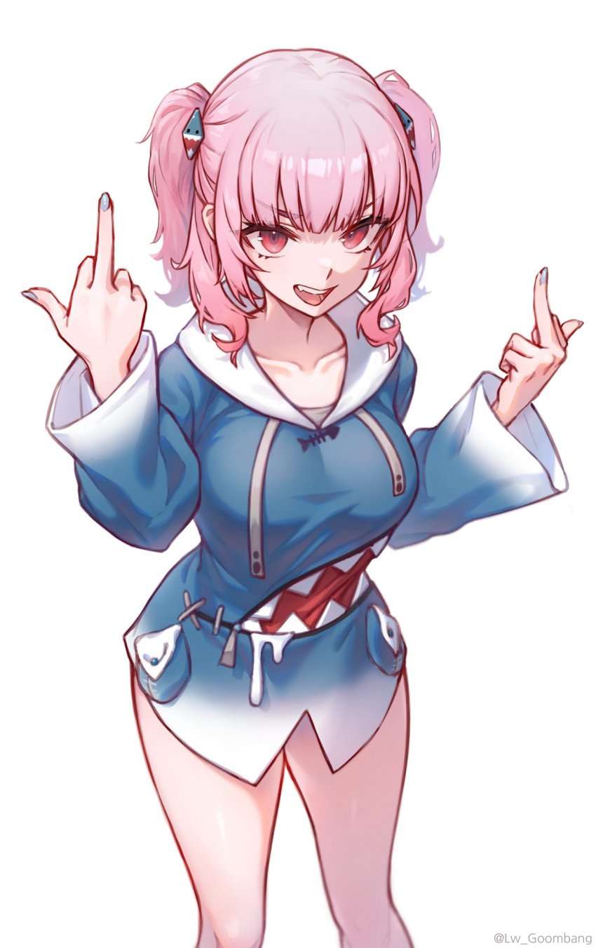 1girl, blue_nails, botttomless, breasts, collarbone, cosplay, double_middle_finger, fingernails