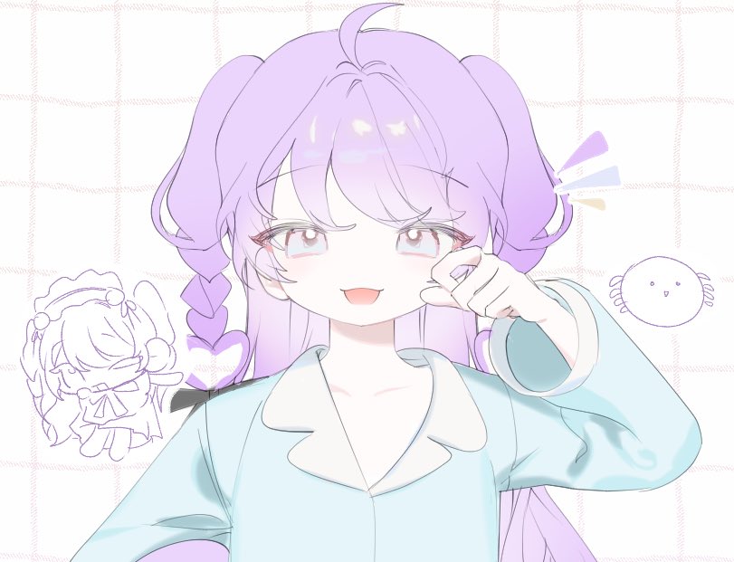 1girl, amaiamiya, amiya_aranha, blue_shirt, braid, chibi, chibi_inset, collarbone, holding, holding_stuffed_toy, long_hair, open_mouth, pajamas, portrait, purple_eyes, purple_hair, shirt, side_braid, smile, solo, stuffed_toy, tsunderia, two_side_up, virtual_youtuber