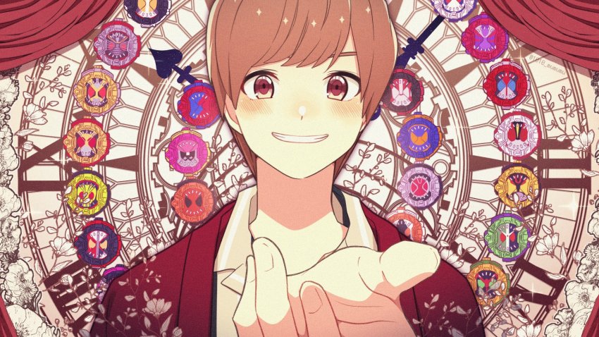 1010_mumumu, 1boy, agito_rider_watch, astronaut, beetle, blade_rider_watch, brown_hair, bug, build_rider_watch, clock, commentary_request, decade_rider_watch, den-o_rider_watch, double_rider_watch, dragon, eastern_dragon, ex-aid_rider_watch, faiz, faiz_rider_watch, floral_print, fourze_rider_watch, ghost_ridewatch, hibiki_rider_watch, highres, insect, jacket, kabuto_rider_watch, kamen_rider, kamen_rider_drive, kamen_rider_drive_(type_speed), kamen_rider_zi-o_(series), kiva_rider_watch, kuuga_riderwatch, mighty_action_x_level_2, oni, ooo_rider_watch, open_hand, orange_arms, rabbit+tank_form, red_jacket, roman_numeral, ryuki_rider_watch, saber_rider_watch, samurai, tokiwa_sougo, type_speed, vampire, wizard, wizard_rider_watch, zero_one_rider_watch