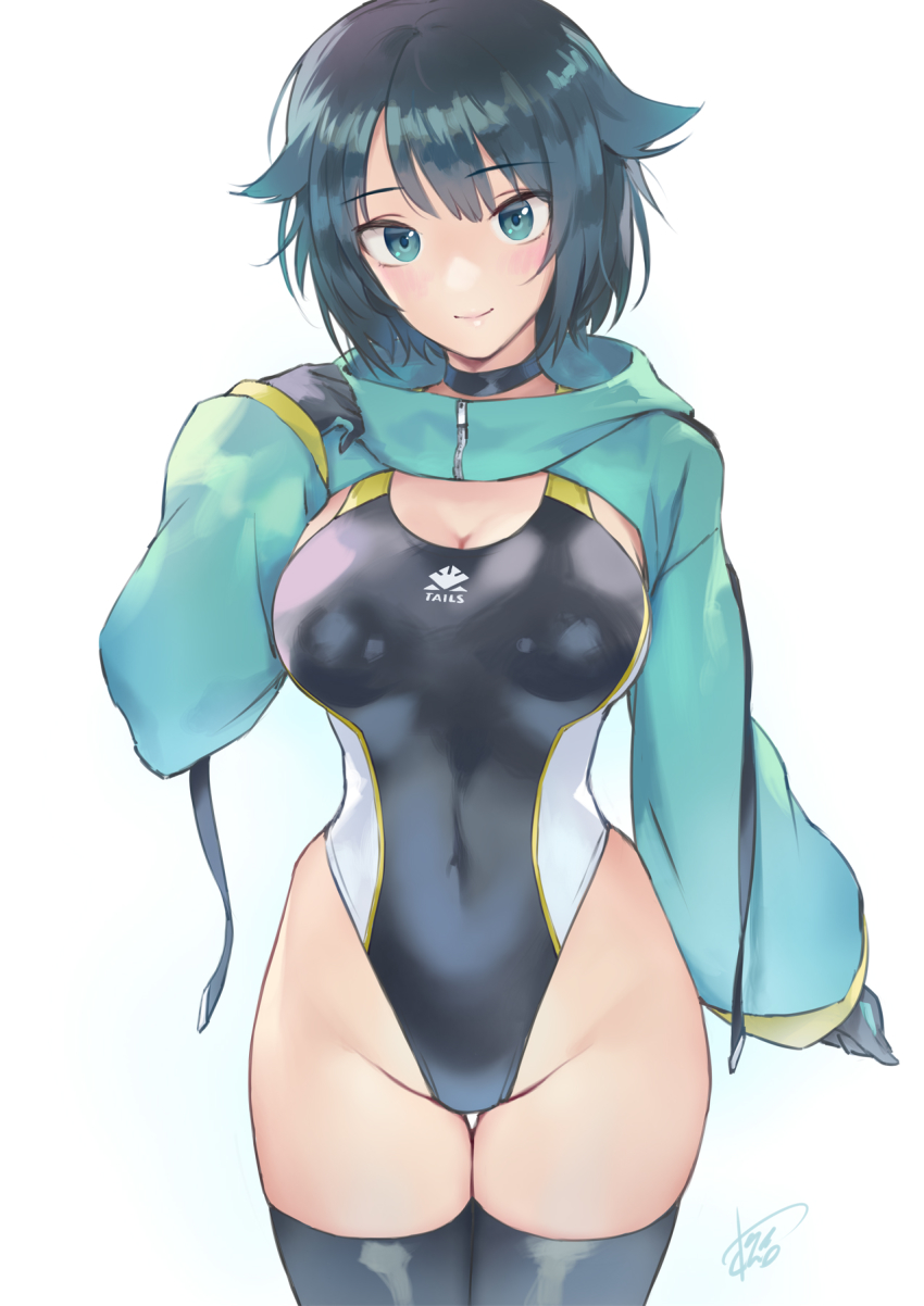 1girl, aqua_eyes, aqua_shrug, black_gloves, black_hair, black_one-piece_swimsuit, black_thighhighs, blush, borrowed_character, breasts, cleavage, commentary_request, competition_swimsuit, covered_navel, cowboy_shot, fukami_nana_(awono_nanaumi), gloves, groin, hair_flaps, hand_up, highres, large_breasts, long_sleeves, looking_at_viewer, matsuda_(matsukichi), one-piece_swimsuit, original, short_hair, shrug_(clothing), simple_background, smile, solo, standing, swimsuit, thighhighs, white_background