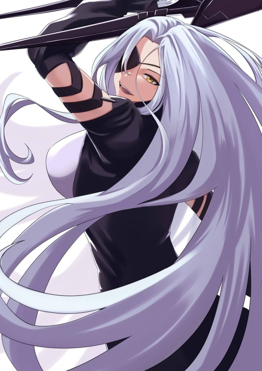 1girl, alchemist_(girls'_frontline), black_dress, black_gloves, breasts, dress, elbow_gloves, eyepatch