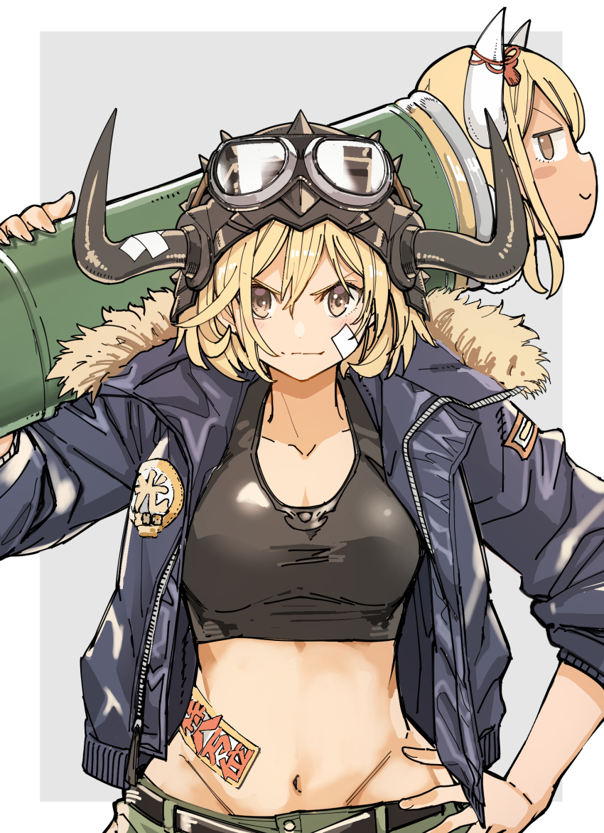 2girls, bandaid, bandaid_on_face, blonde_hair, blue_jacket, border, breasts, cowboy_shot