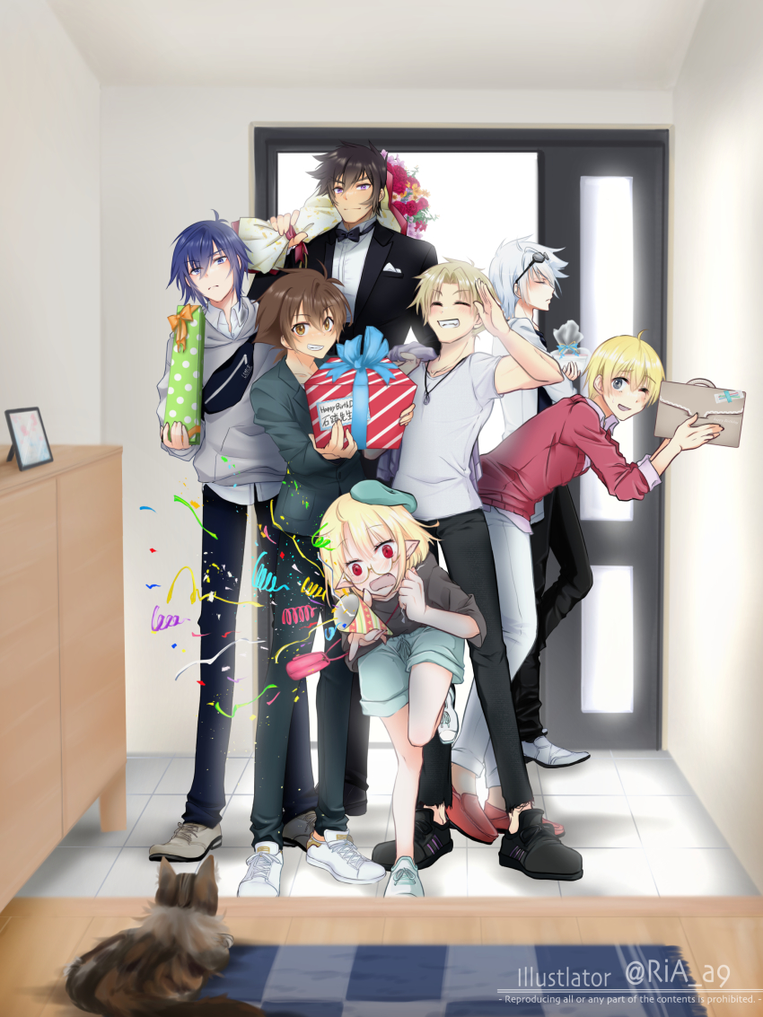 absurdres, birthday, black_footwear, black_jacket, black_pants, blonde_hair, blue_hair, blue_jacket, blue_pants, bouquet, bow, bowtie, box, brown_hair, cao_cao_(high_school_dxd), cat, character_request, doorway, eyewear_on_head, flower, gasper_vladi, gift, gift_box, grey_hoodie, grey_shirt, high_school_dxd, highres, hood, hoodie, hyoudou_issei, jacket, kiba_yuuto, mat, multiple_boys, pants, red_eyes, ria_a9, sairaorg_bael, saji_genshirou, shirt, shorts, silver_hair, tuxedo, vali_lucifer, vampire, white_footwear, white_shirt