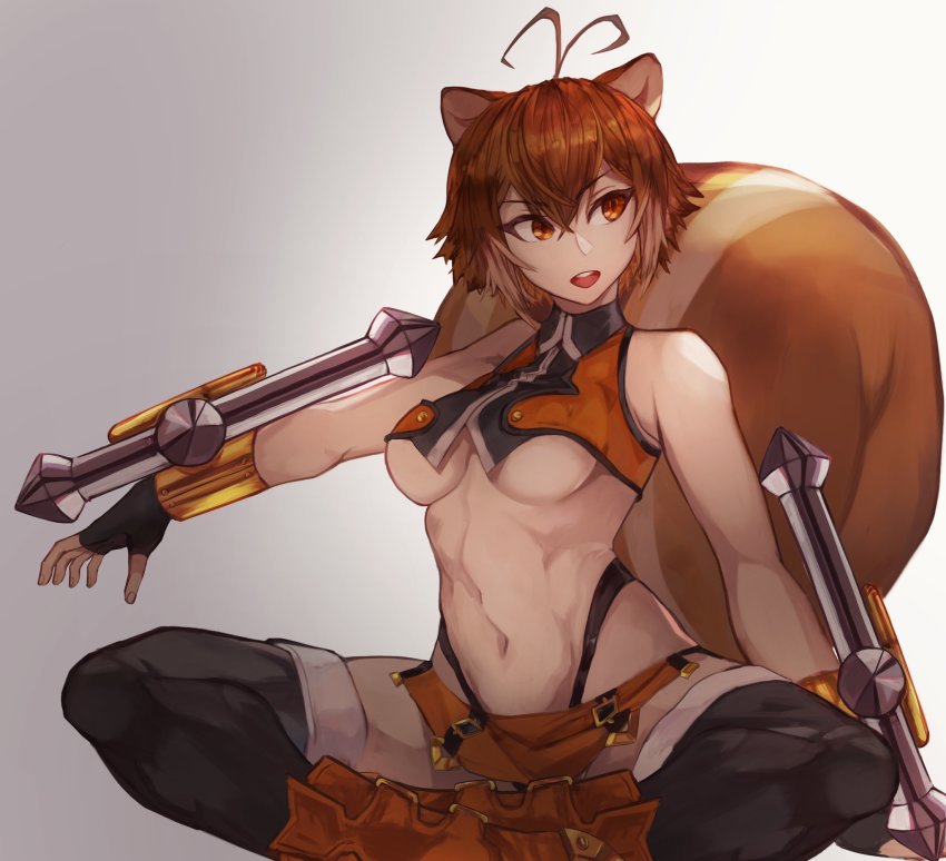 1girl, ahoge, animal_ears, blazblue, boots, breasts, brown_eyes, brown_hair, fingerless_gloves, gloves, grey_background, highres, makoto_nanaya, medium_breasts, navel, open_mouth, orange_eyes, qmerlem, revealing_clothes, short_hair, sitting, smile, solo, squirrel_ears, squirrel_tail, tail, thigh_boots, thighhighs, thong, tonfa, underboob, weapon