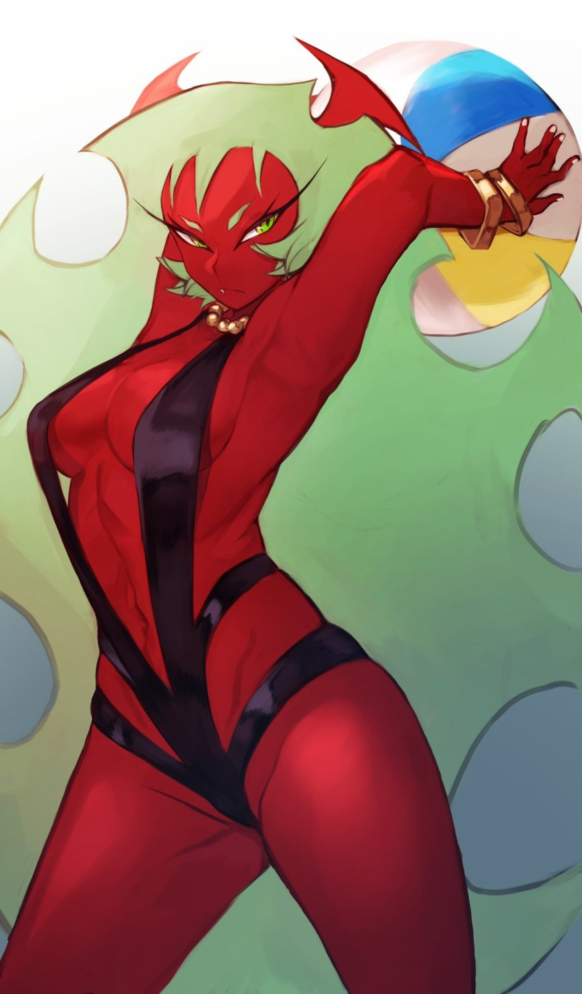 1girl, armpits, arms_behind_back, ball, beachball, black_slingshot_swimsuit, bracelet, colored_skin