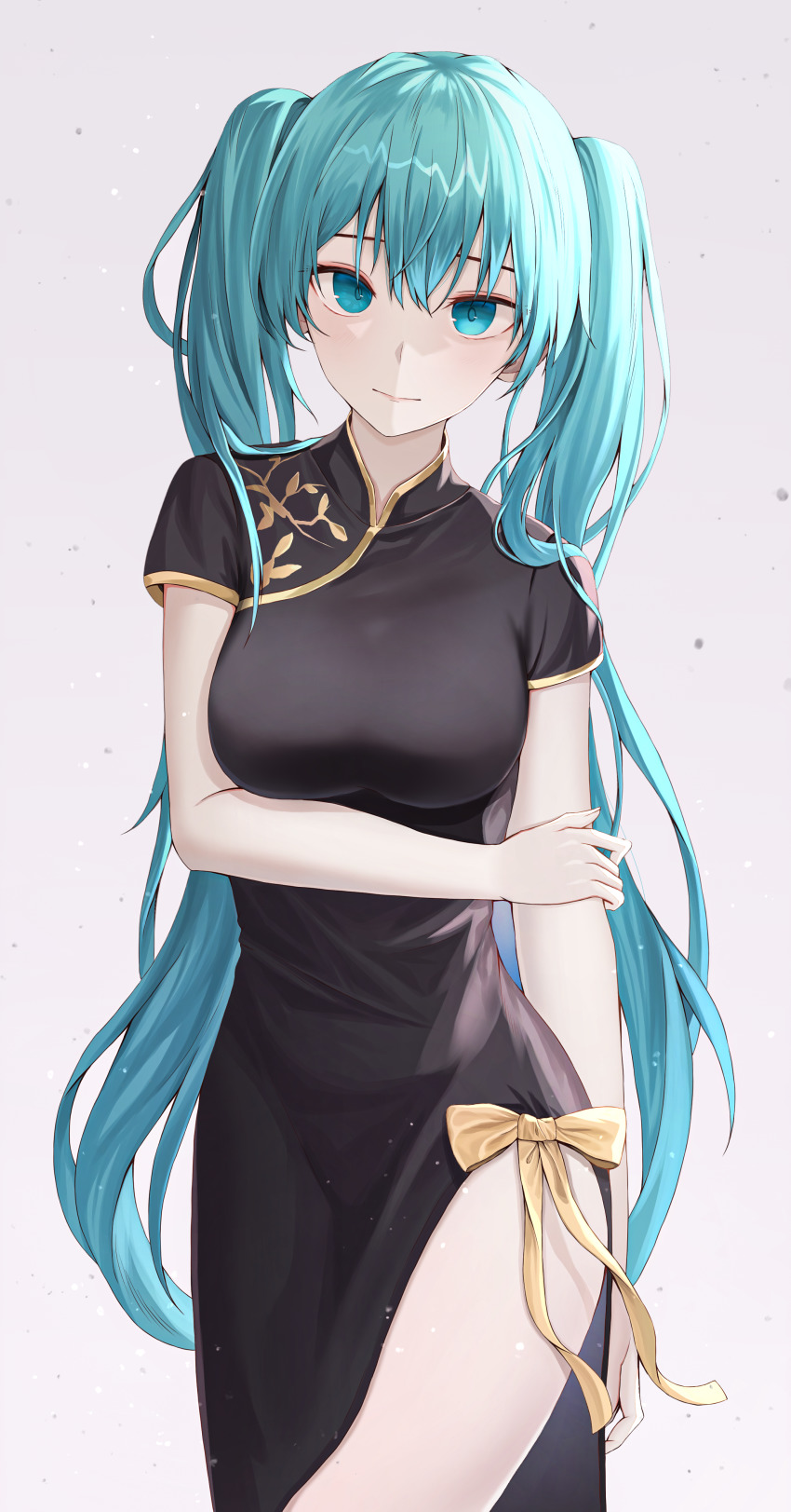 1girl, absurdres, bare_arms, bare_legs, black_dress, blue_eyes, blue_hair, bow