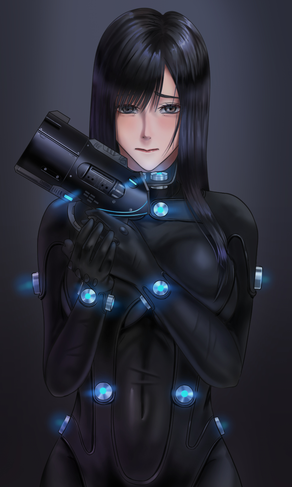 1girl, black_background, black_bodysuit, black_hair, bodysuit, breasts, brown_eyes, closed_mouth