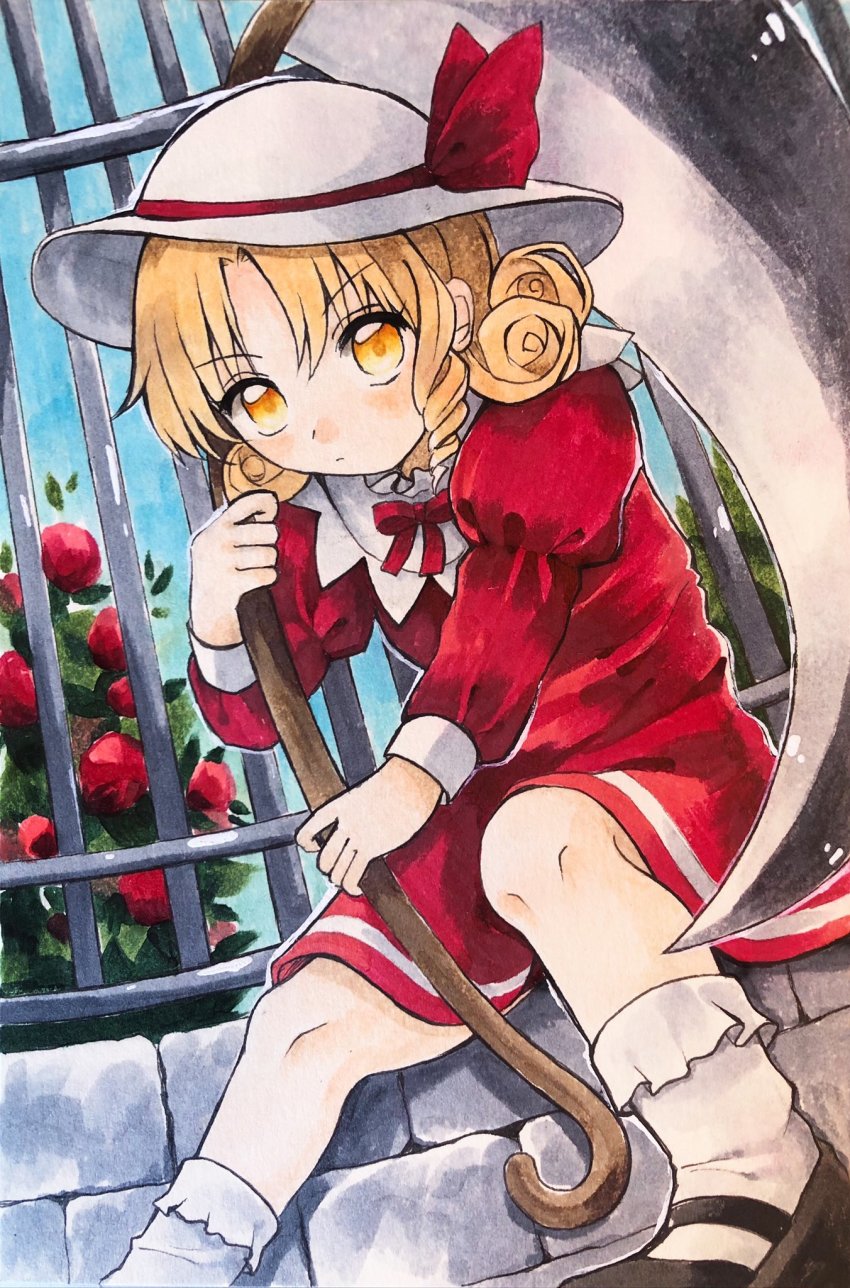 1girl, birdcage, black_shoes, blonde_hair, blush, bobby_socks, cage, commentary_request, curly_hair, dress, drill_hair, drill_sidelocks, elly_(touhou), flower, hat, hat_ribbon, highres, holding, holding_scythe, juliet_sleeves, long_sleeves, marker_(medium), mary_janes, mofumaa, puffy_sleeves, red_dress, red_ribbon, ribbon, scythe, shoes, short_hair, sidelocks, sitting, socks, sun_hat, touhou, touhou_(pc-98), traditional_media, v-shaped_eyebrows, white_hat, white_socks, yellow_eyes