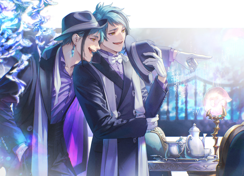 :d, arm_around_shoulder, aura, black_coat, black_hair, black_headwear, black_pants, blue_hair