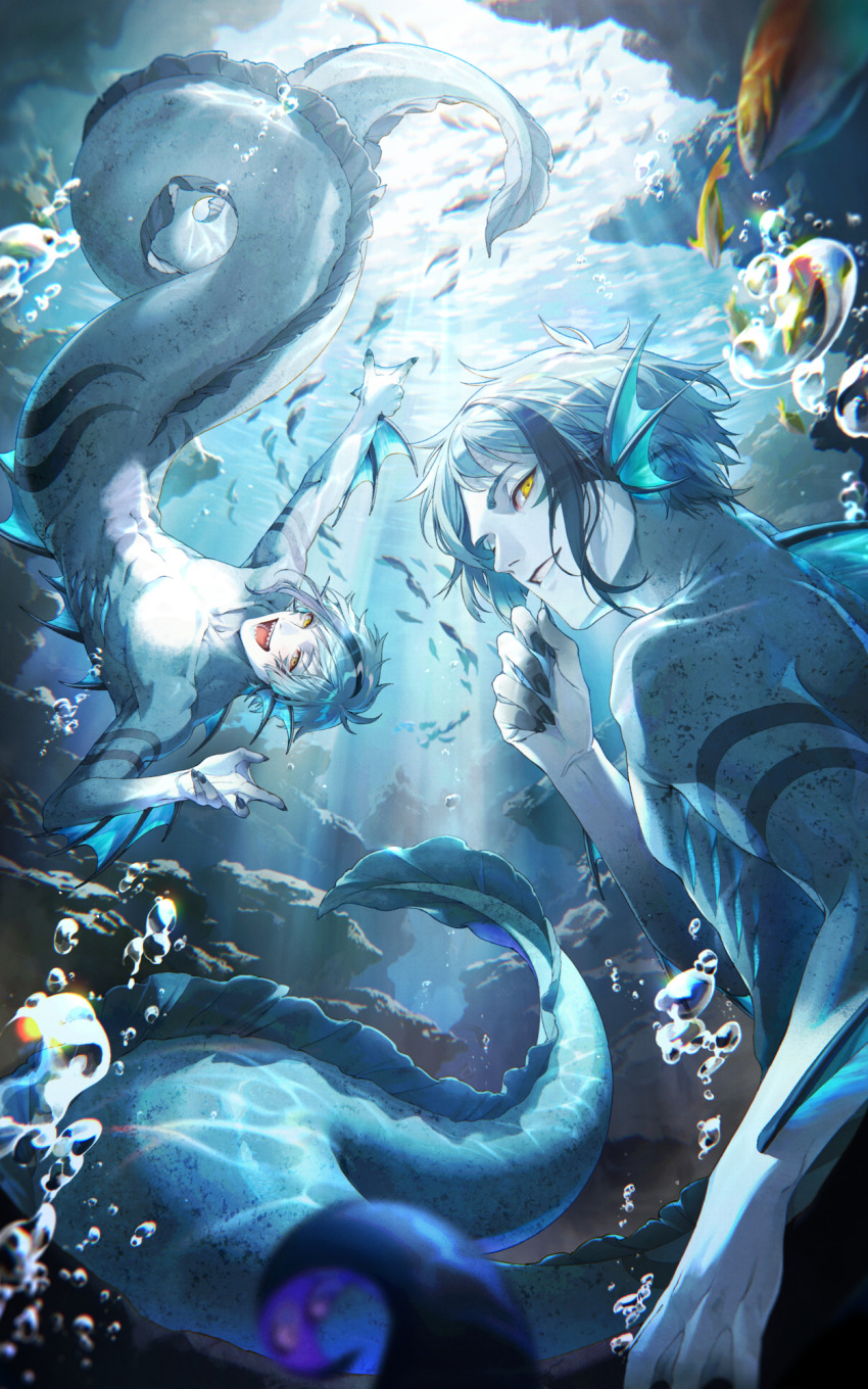 2boys, :d, abs, air_bubble, animal_ears, arm_strap, asymmetrical_hair, back_fin, black_hair, blue_hair, blue_nails, blue_skin, blurry, brothers, bubble, caustics, colored_skin, coral_reef, depth_of_field, eel_boy, fingernails, fins, fish, floyd_leech, floyd_leech_(eel), from_below, hand_up, head_fins, highres, inuganeteru, jade_leech, jade_leech_(eel), looking_at_viewer, looking_back, male_focus, multicolored_hair, multiple_boys, nail_polish, nude, ocean, open_mouth, out_of_frame, outstretched_arm, pointing, pov, school_of_fish, sharp_fingernails, sharp_teeth, siblings, sidelocks, smile, streaked_hair, submerged, sunlight, teeth, twins, twisted_wonderland, webbed_hands, yellow_eyes