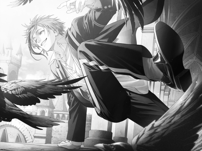 1boy, animal, arm_support, bird, blazer, blurry, castle, collared_shirt