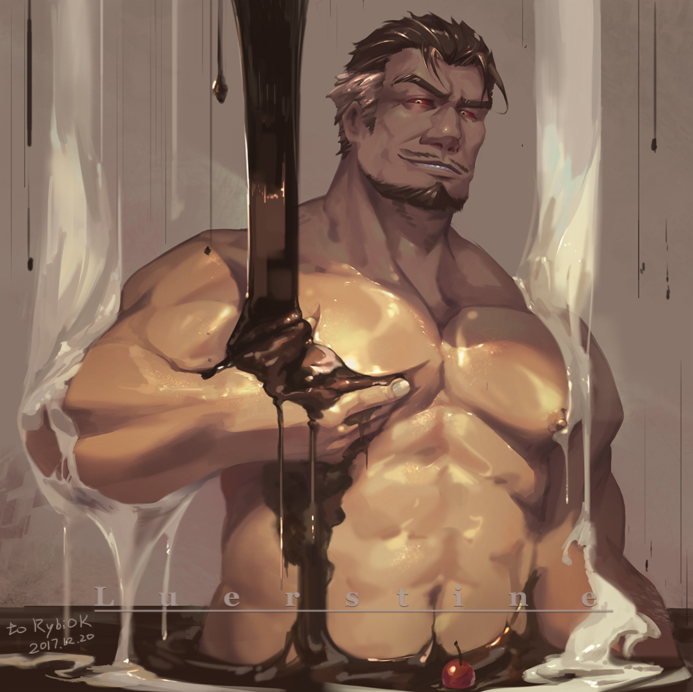 1boy, abs, bara, breasts, character_request, check_character, cherry, chocolate