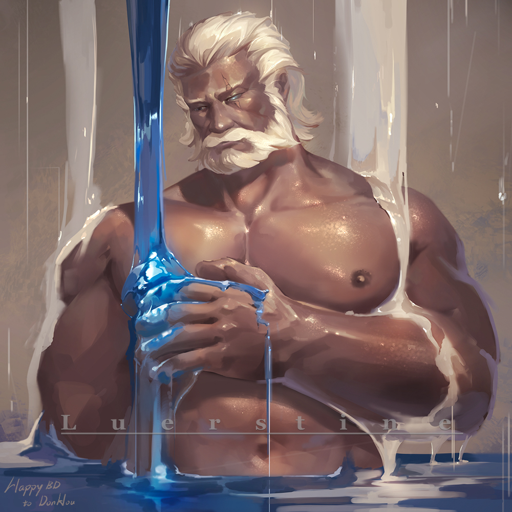 1boy, alternate_skin_color, artist_name, bara, beard, blind, chocolate, chocolate_on_body, chocolate_on_pectorals, completely_nude, dark-skinned_male, dark_skin, facial_hair, food_on_body, large_pectorals, luerstine, male_focus, mature_male, milk, muscular, muscular_male, mustache, naked_chocolate, navel, nipples, nude, old, old_man, overwatch, overwatch_1, pectoral_lift, pectorals, pouring, reinhardt_(overwatch), scar, scar_across_eye, scar_on_face, short_hair, sideburns, solo, upper_body, water, white_chocolate, white_hair