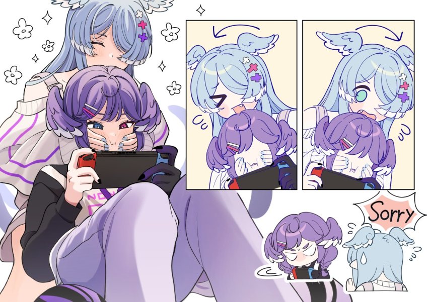 2girls, ahoge, annoyed, black_nails, blue_eyes, blue_hair, blue_nails, blush, closed_eyes, elira_pendora, elira_pendora_(1st_costume), elirasuki, english_text, fang, flying_sweatdrops, hair_over_one_eye, head_wings, holding, long_hair, long_sleeves, multiple_girls, multiple_views, nail_polish, nijisanji, nijisanji_en, nintendo, nintendo_switch, open_mouth, pointy_ears, purple_hair, selen_tatsuki, selen_tatsuki_(1st_costume), siblings, sisters, sitting, speech_bubble, sweatdrop, virtual_youtuber, wings