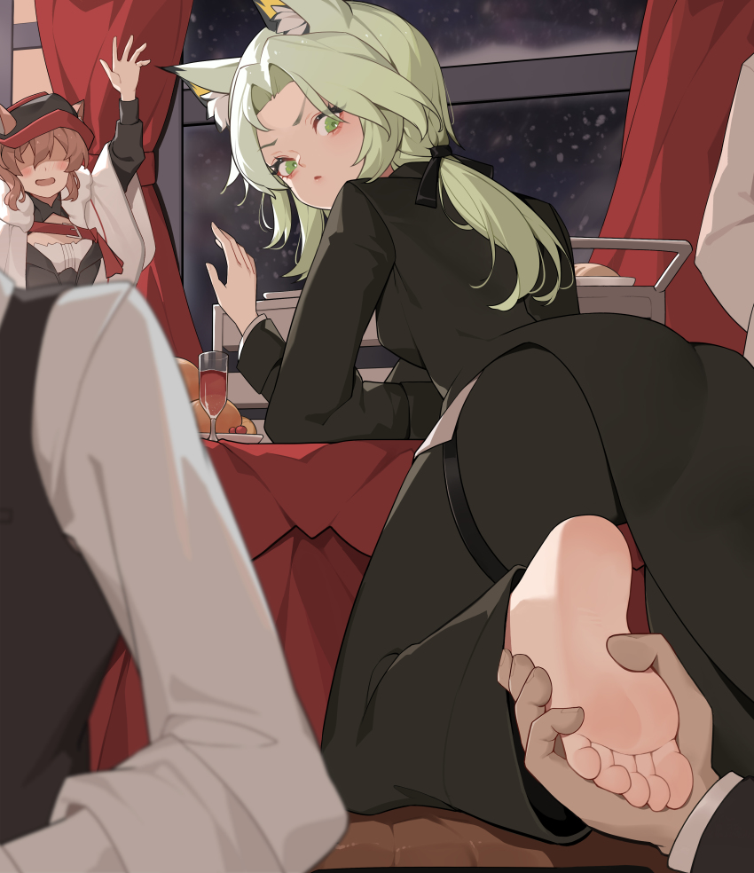 1girl, absurdres, animal_ear_fluff, animal_ears, arknights, barefoot, blouse, blurry, cup, depth_of_field, drinking_glass, ears_through_headwear, feet, foot_focus, foreshortening, green_eyes, green_hair, heidi_(arknights), heidi_(young)_(arknights), highres, kal'tsit_(arknights), kal'tsit_(formal)_(arknights), long_hair, looking_back, low_ponytail, ponytail, shirt, snowing, soles, thigh_strap, toes, white_shirt