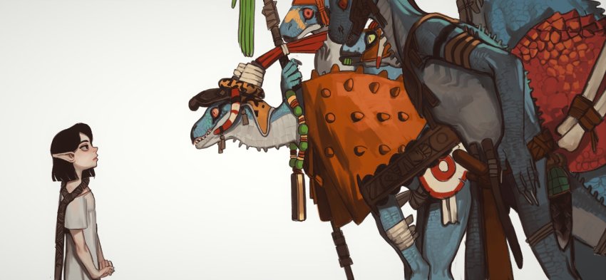 1girl, black_eyes, black_hair, dress, elf, height_difference, highres, jitome, lizardman_(warhammer_fantasy), mossacannibalis, pointy_ears, short_sleeves, simple_background, warhammer_fantasy, white_background, white_dress