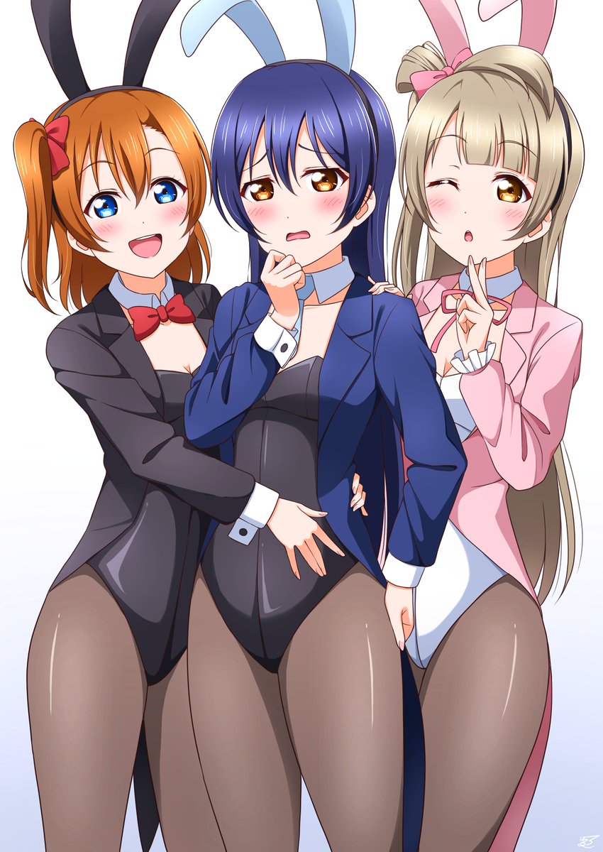 3girls, animal_ears, black_leotard, blue_background, blue_eyes, blue_hair, blush, bow, bowtie, commentary_request, cowboy_shot, detached_collar, embarrassed, fake_animal_ears, gradient_background, grey_hair, hair_rings, hand_to_own_mouth, haruharo_(haruharo_7315), highres, jacket, kosaka_honoka, leotard, long_hair, looking_at_viewer, love_live!, love_live!_school_idol_project, minami_kotori, multiple_girls, necktie, one_eye_closed, one_side_up, open_mouth, orange_hair, pantyhose, playboy_bunny, rabbit_ears, sandwiched, simple_background, single_hair_ring, smile, sonoda_umi, strapless, strapless_leotard, swept_bangs, wavy_mouth, white_background, white_leotard, yellow_eyes