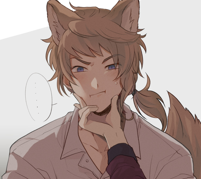 ..., 1boy, aju222, animal_ears, blue_eyes, blush, brown_hair, cheek_squash, female_pov, grey_background, hands_on_another's_cheeks, hands_on_another's_face, long_sleeves, looking_at_viewer, low_ponytail, low_side_ponytail, male_focus, mikage_kojirou, out_of_frame, pajamas, ponytail, portrait, pov, pov_hands, protagonist_(tokimemo_gs4), raised_eyebrows, short_hair, side_ponytail, solo_focus, spoken_ellipsis, sweatdrop, tail, tokimeki_memorial, tokimeki_memorial_girl's_side, tokimeki_memorial_girl's_side_4th_heart, uneven_eyes, wolf_boy, wolf_ears, wolf_tail