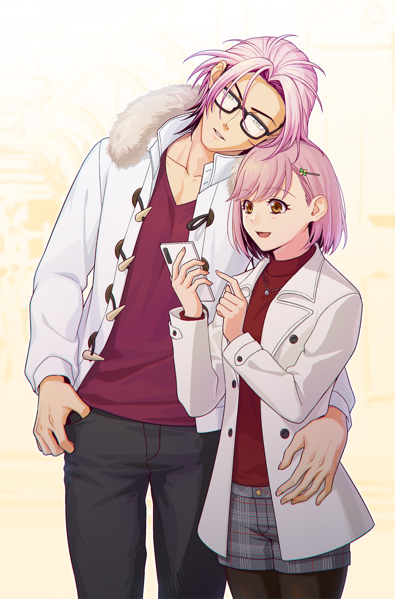 1boy, 1girl, :d, arm_around_another's_waist, black-framed_eyewear, black_hair, black_pants, black_pantyhose