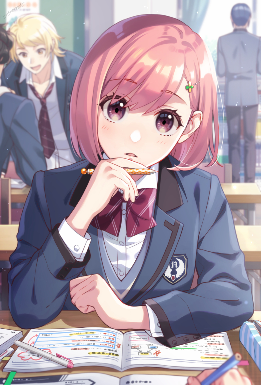 1girl, 3boys, blazer, blonde_hair, blue_hair, blue_jacket, bob_cut, book, bow, bowtie, classroom, collared_shirt, curious, day, desk, dress_shirt, facing_away, hair_ornament, hairclip, head_tilt, highres, hiiragi_yanosuke, holding, holding_pencil, honda_iku, indoors, jacket, kazama_ryouta, light_particles, long_sleeves, looking_at_viewer, mechanical_pencil, multiple_boys, necktie, notebook, open_book, out_of_frame, parted_lips, pencil, pencil_case, pov, pov_across_table, pov_hands, protagonist_(tokimemo_gs4), purple_eyes, red_bow, red_bowtie, red_necktie, school_desk, school_uniform, shirt, short_hair, sitting, solo_focus, standing, studying, sweater_vest, swept_bangs, tokimeki_memorial, tokimeki_memorial_girl's_side, tokimeki_memorial_girl's_side_4th_heart, ttnk_gc19, white_shirt