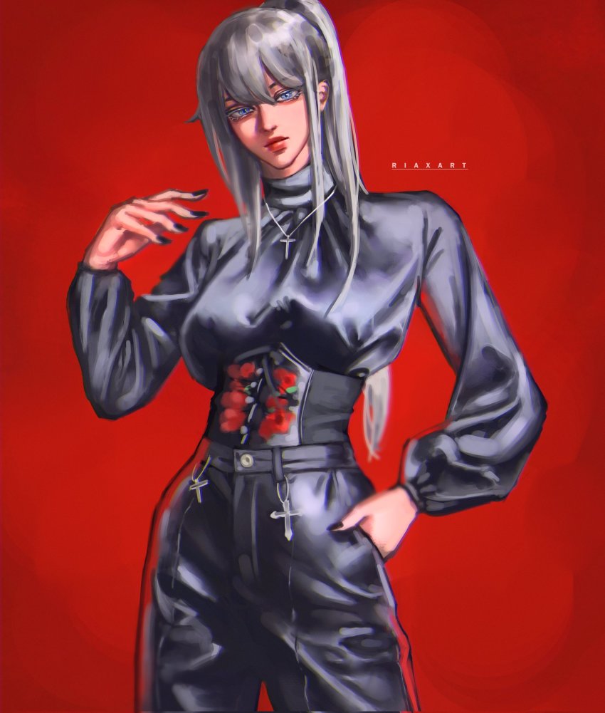 1girl, artist_name, black_nails, blue_eyes, colored_eyelashes, commentary, cross, cross_necklace