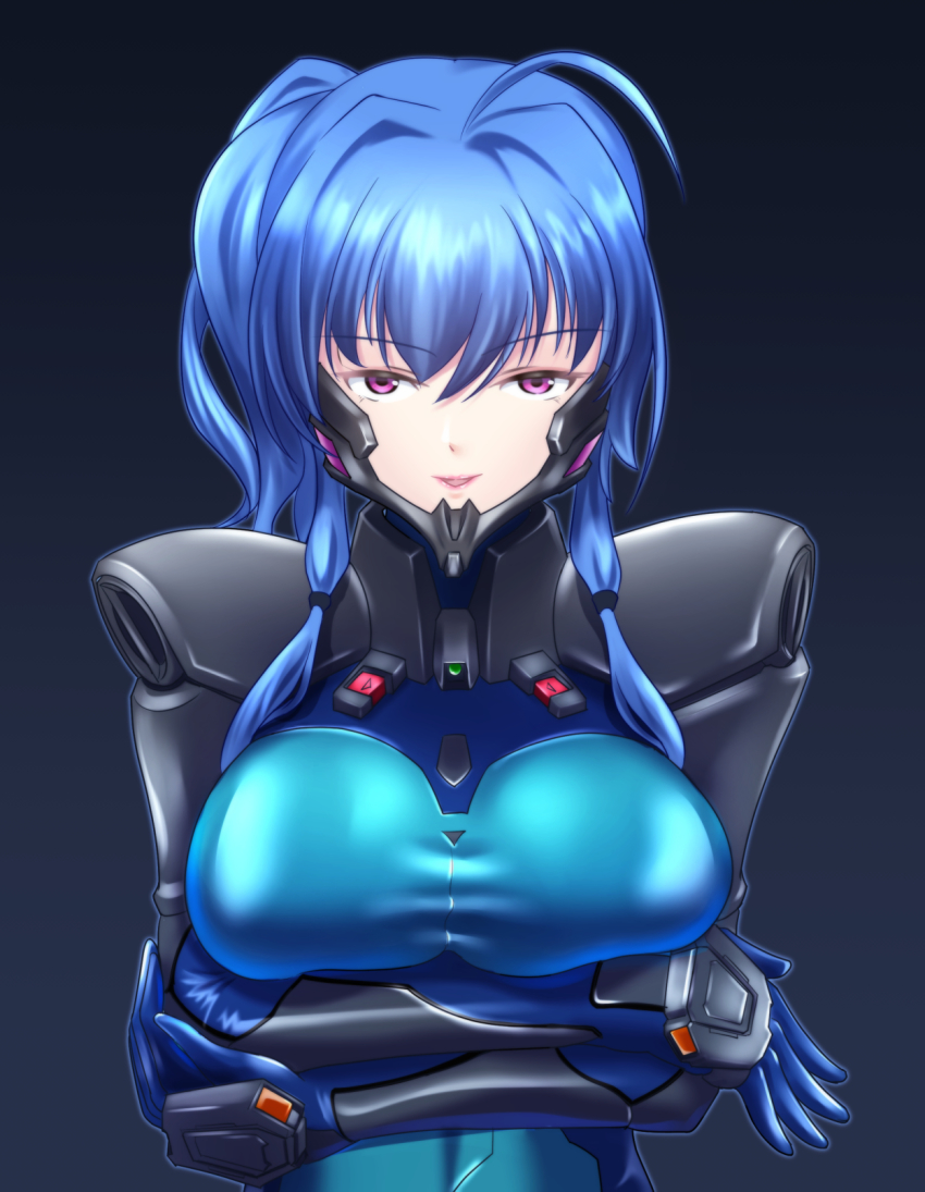 arms_under_breasts, azur_lane, black_background, blue_gloves, blue_hair, bodysuit, breasts, fortified_suit