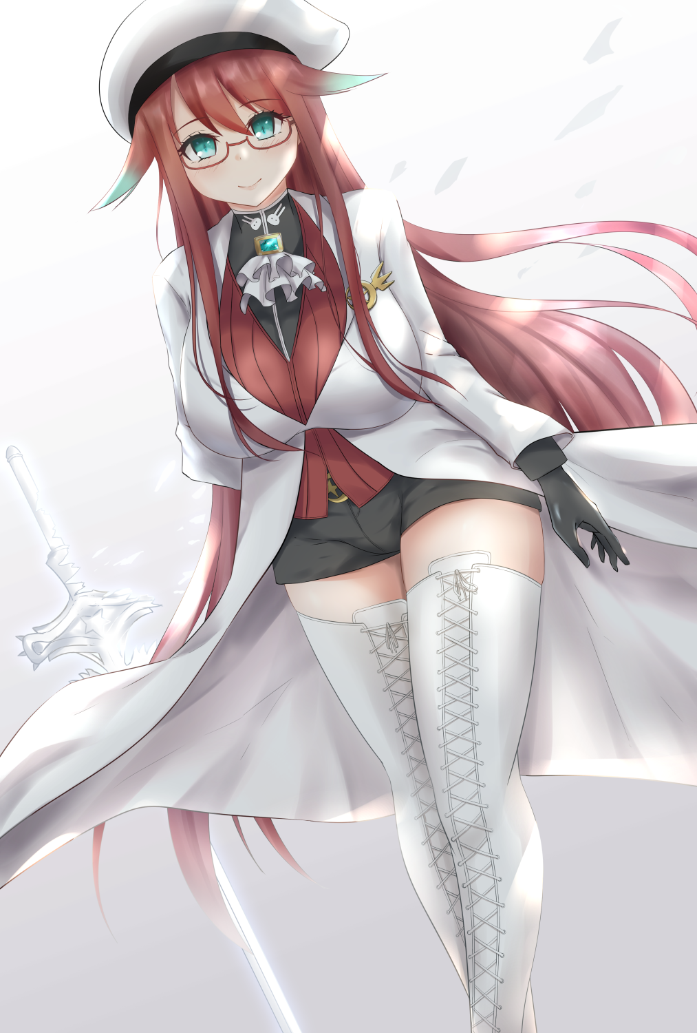 1girl, ascot, aty_(summon_night), black_gloves, black_shirt, black_shorts, blue_eyes, boots