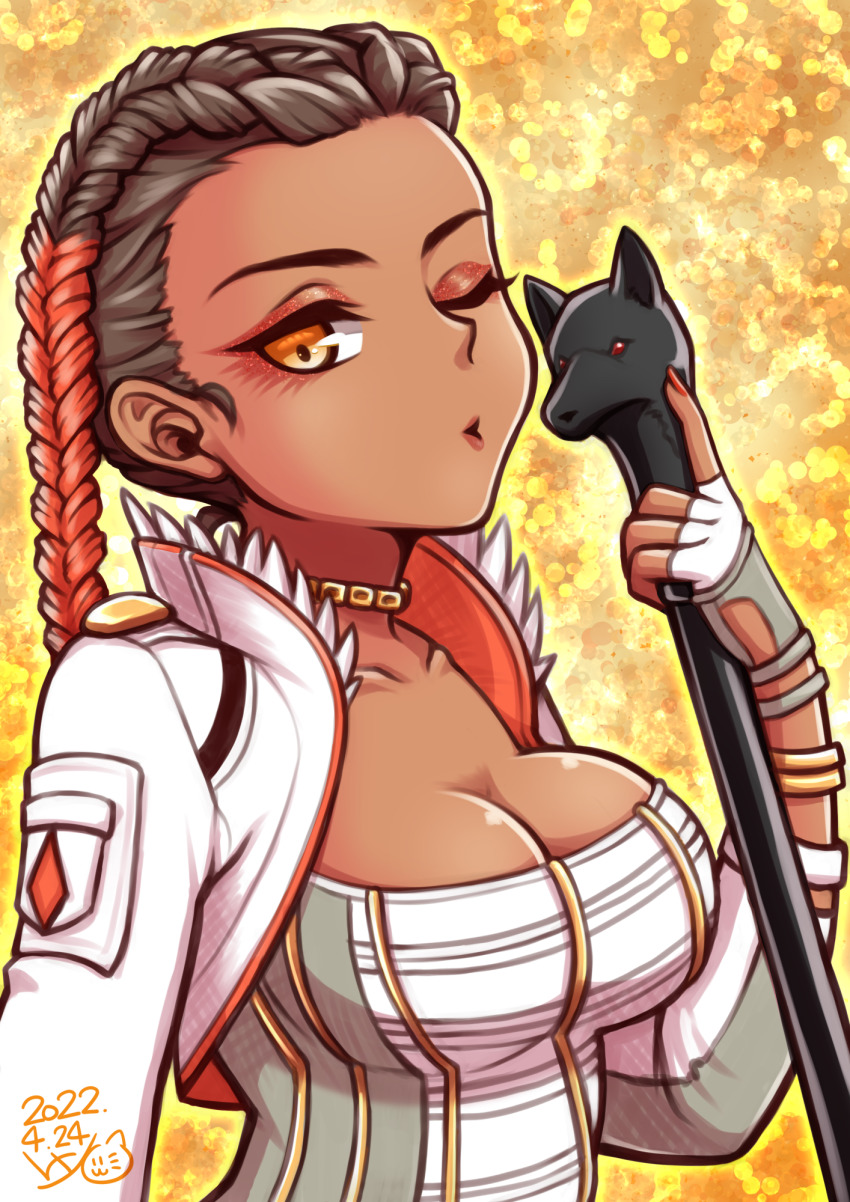 1girl, animification, apex_legends, braid, breasts, brown_eyes, brown_hair, cleavage, collarbone, corset, cropped_jacket, dark-skinned_female, dark_skin, dated, eyeshadow, fingerless_gloves, fur_trim, gloves, hair_behind_ear, highres, holding, holding_staff, jacket, loba_(apex_legends), looking_to_the_side, makeup, medium_breasts, one_eye_closed, red_eyeshadow, red_hair, ryo_(rosebud), solo, staff, twin_braids, upper_body, white_gloves, white_jacket, yellow_background