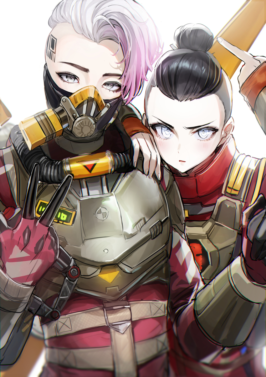 animification, apex_legends, black_hair, bodysuit, gloves, gradient_hair, grey_eyes, grey_hair